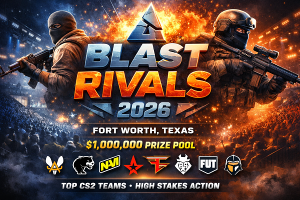 BLAST Rivals 2026 CS2 tournament banner with teams, $1,000,000 prize pool and Fort Worth Texas location