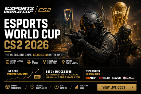 Esports World Cup CS2 2026 betting banner with live odds, prize pool and Counter-Strike teams in Riyadh Saudi Arabia